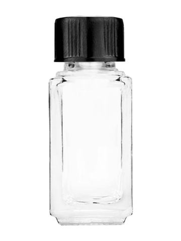 Sleek design 5ml, 1/6oz Clear glass bottle with short black ridged cap.