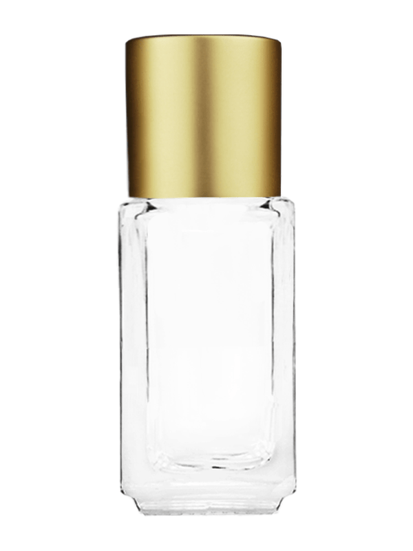 Empty Clear glass bottle with short matte gold cap capacity: 5ml, 1/6oz. For use with perfume or fragrance oil, essential oils, aromatic oils and aromatherapy.