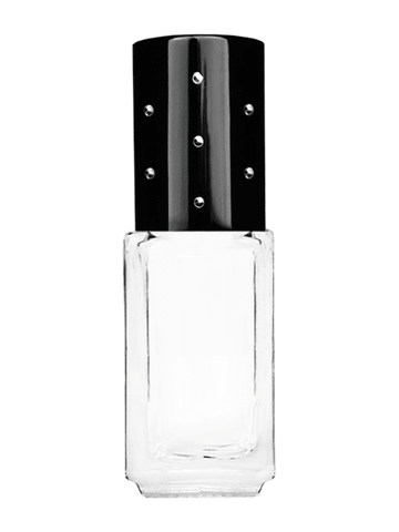 Sleek design 4.2ml, 1/6oz Clear glass bottle with metal roller ball plug and black shiny cap with dots.
