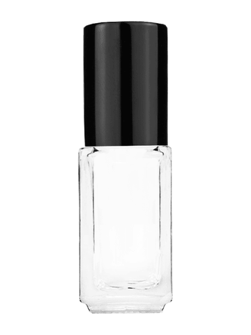 Sleek design 5ml, 1/6oz Clear glass bottle with metal roller ball plug and black shiny cap.
