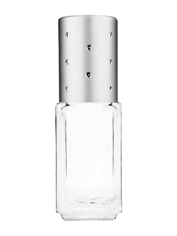 Sleek design 5ml, 1/6oz Clear glass bottle with metal roller ball plug and silver cap with dots.