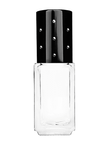 Sleek design 5ml, 1/6oz Clear glass bottle with plastic roller ball plug and black shiny cap with dots.