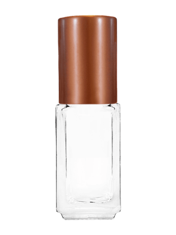 Sleek design 5ml, 1/6oz Clear glass bottle with plastic roller ball plug and matte copper cap.