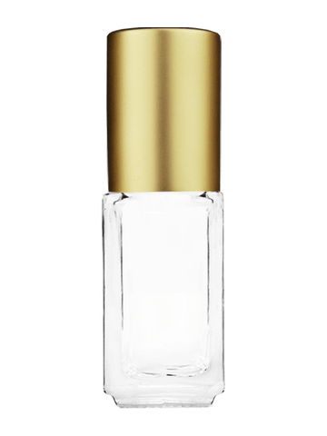 Sleek design 5ml, 1/6oz Clear glass bottle with plastic roller ball plug and matte gold cap.