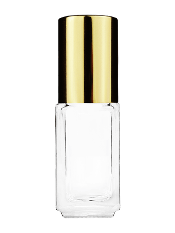 Sleek design 5ml, 1/6oz Clear glass bottle with plastic roller ball plug and shiny gold cap.