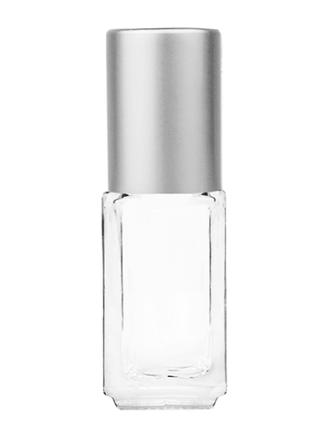 Sleek design 5ml, 1/6oz Clear glass bottle with plastic roller ball plug and matte silver cap.