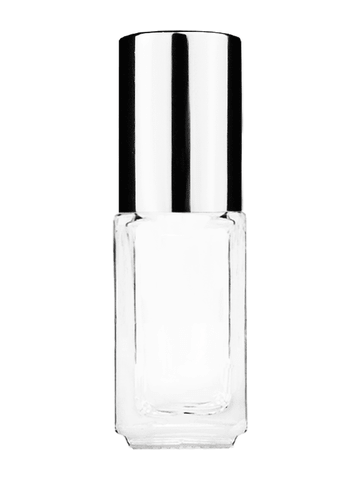 Sleek design 5ml, 1/6oz Clear glass bottle with plastic roller ball plug and shiny silver cap.