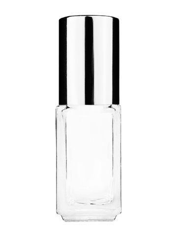 Sleek design 5ml, 1/6oz Clear glass bottle with shiny silver cap.