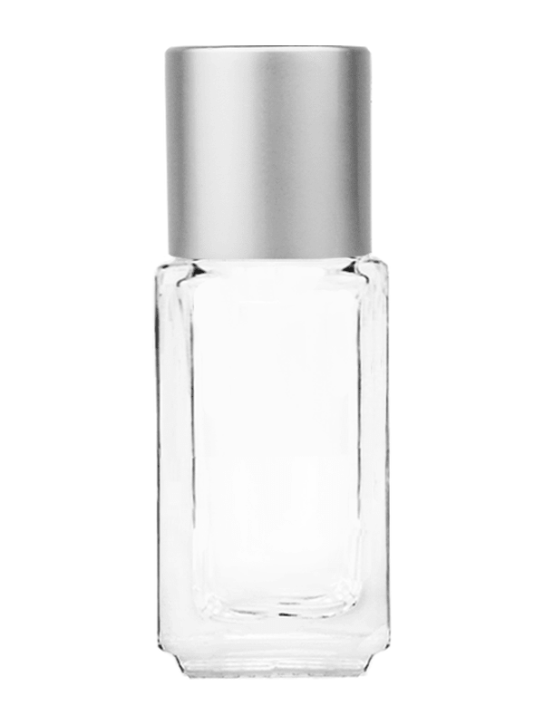 Empty Clear glass bottle with short matte silver cap capacity: 4.2ml, 1/6oz. For use with perfume or fragrance oil, essential oils, aromatic oils and aromatherapy.
