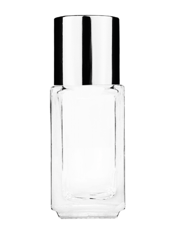 Empty Clear glass bottle with short shiny silver cap capacity: 5ml, 1/6oz. For use with perfume or fragrance oil, essential oils, aromatic oils and aromatherapy.