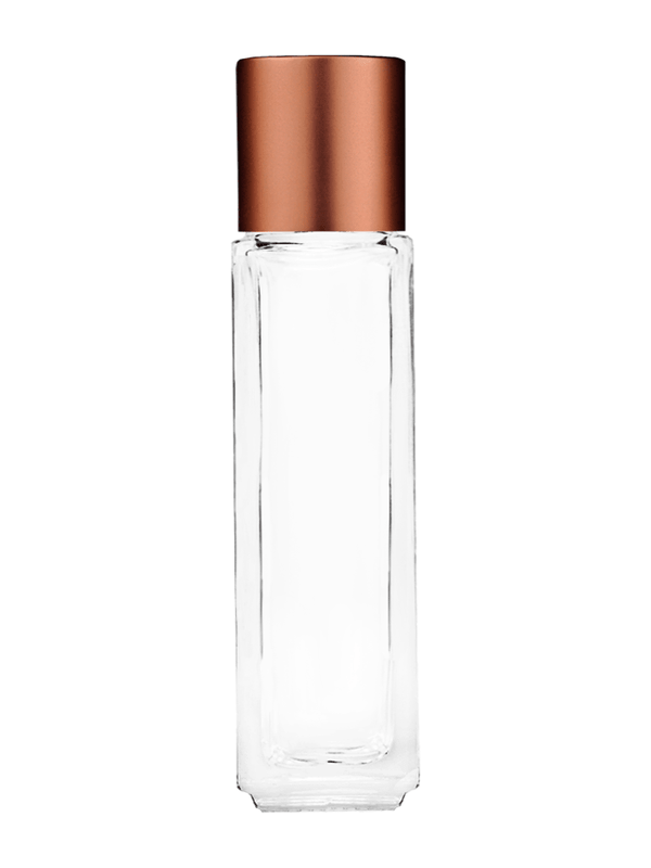 Empty Clear glass bottle with short matte copper cap capacity: 8ml, 1/3oz. For use with perfume or fragrance oil, essential oils, aromatic oils and aromatherapy.