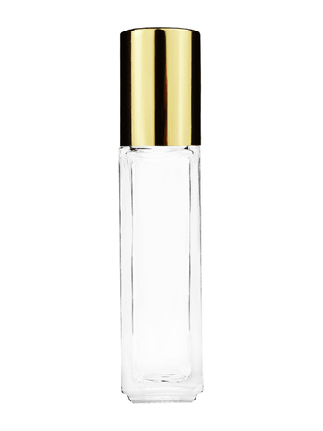 Sleek design 8ml, 1/3oz Clear glass bottle with shiny gold cap.