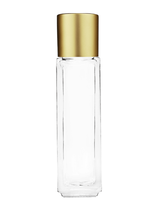 Empty Clear glass bottle with short matte gold cap capacity: 8ml, 1/3oz. For use with perfume or fragrance oil, essential oils, aromatic oils and aromatherapy.