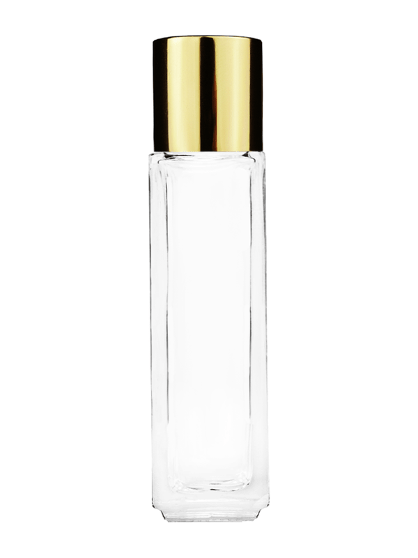Empty Clear glass bottle with short shiny gold cap capacity: 8ml, 1/3oz. For use with perfume or fragrance oil, essential oils, aromatic oils and aromatherapy.