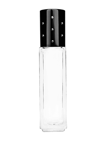 Sleek design 8ml, 1/3oz Clear glass bottle with metal roller ball plug and black shiny cap with dots.
