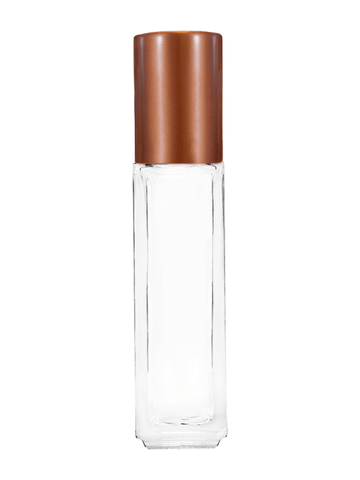 Sleek design 8ml, 1/3oz Clear glass bottle with metal roller ball plug and matte copper cap.