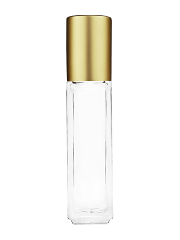 Sleek design 8ml, 1/3oz Clear glass bottle with plastic roller ball plug and matte gold cap.
