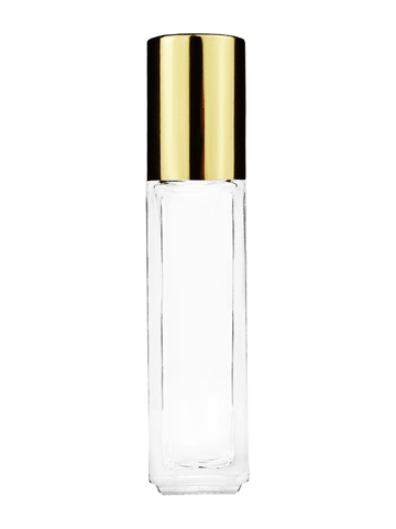 Sleek design 8ml, 1/3oz Clear glass bottle with plastic roller ball plug and shiny gold cap.