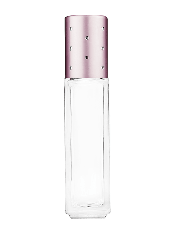 Sleek design 8ml, 1/3oz Clear glass bottle with plastic roller ball plug and pink cap with dots.