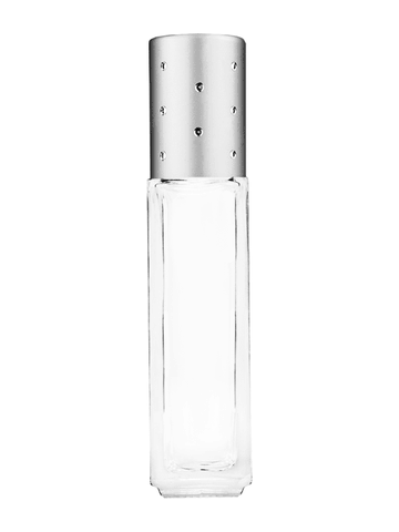 Sleek design 8ml, 1/3oz Clear glass bottle with plastic roller ball plug and silver cap with dots.