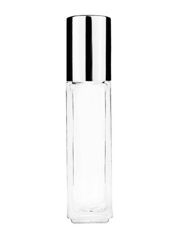 Sleek design 8ml, 1/3oz Clear glass bottle with plastic roller ball plug and shiny silver cap.