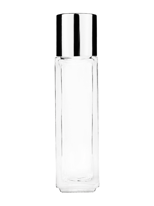 Empty Clear glass bottle with short shiny silver cap capacity: 8ml, 1/3oz. For use with perfume or fragrance oil, essential oils, aromatic oils and aromatherapy.