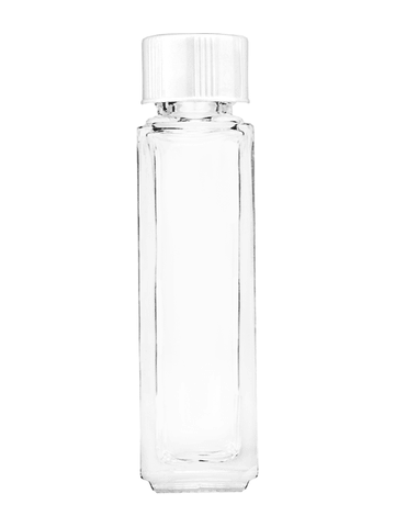 Sleek design 8ml, 1/3oz Clear glass bottle with short white cap.