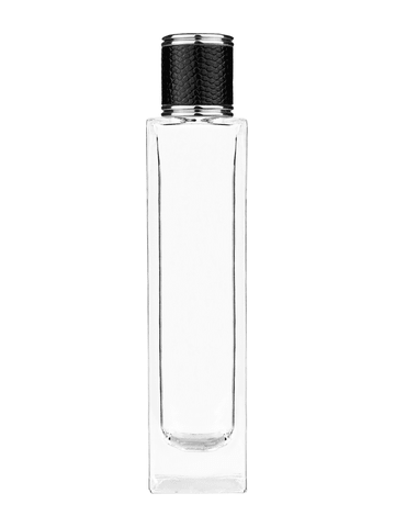 Sleek design 100 ml, 3 1/2oz  clear glass bottle  with reducer and black faux leather cap.