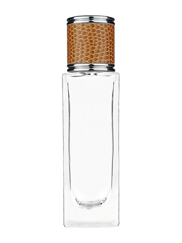 Sleek design 30 ml, 1oz  clear glass bottle  with reducer and brown faux leather cap.