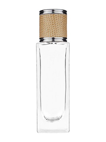 Sleek design 30 ml, 1oz  clear glass bottle  with reducer and light brown faux leather cap.