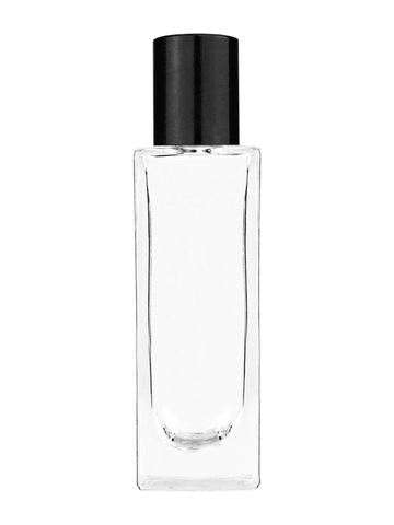 Sleek design 30 ml, 1oz  clear glass bottle  with reducer and tall black shiny cap.