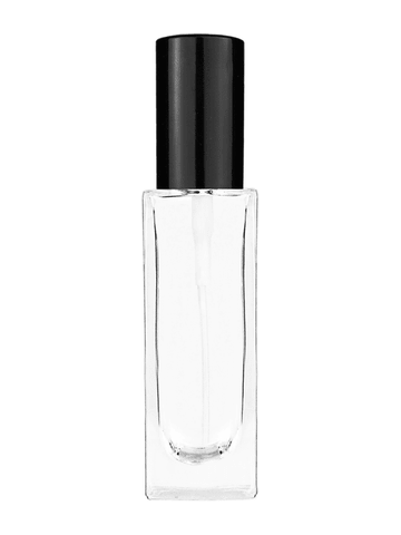 Sleek design 30 ml, 1oz  clear glass bottle  with shiny black spray pump.