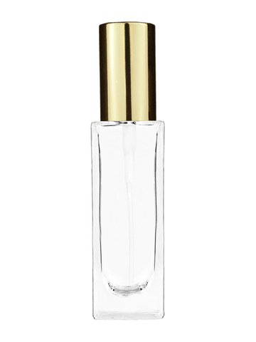 Sleek design 30 ml, 1oz  clear glass bottle  with shiny gold spray pump.