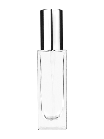 Sleek design 30 ml, 1oz  clear glass bottle  with shiny silver spray pump.