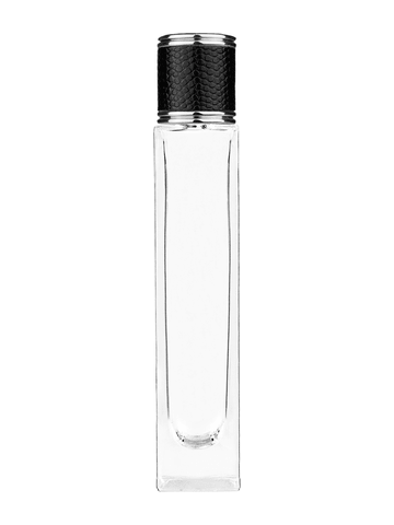 Sleek design 50 ml, 1.7oz  clear glass bottle  with reducer and black faux leather cap.