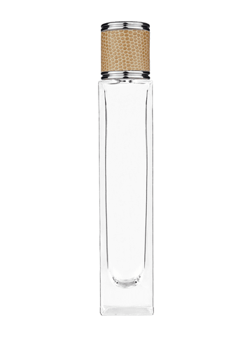 Sleek design 50 ml, 1.7oz  clear glass bottle  with reducer and light brown faux leather cap.