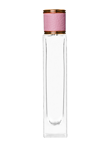 Sleek design 50 ml, 1.7oz  clear glass bottle  with reducer and pink faux leather cap.