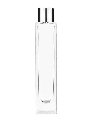 Sleek design 50 ml, 1.7oz  clear glass bottle  with reducer and shiny silver cap.