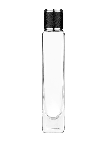 Slim design 100 ml, 3 1/2oz  clear glass bottle  with reducer and black faux leather cap.