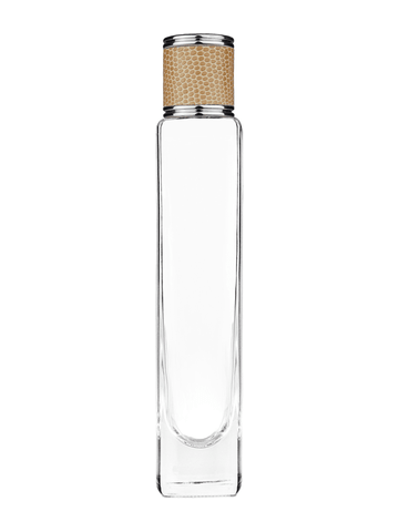Slim design 100 ml, 3 1/2oz  clear glass bottle  with reducer and light brown faux leather cap.