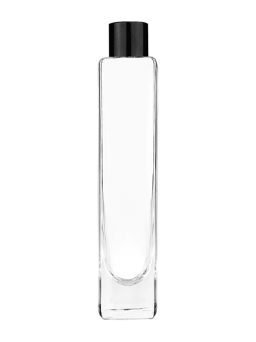 Slim design 100 ml, 3 1/2oz  clear glass bottle  with reducer and black shiny cap.