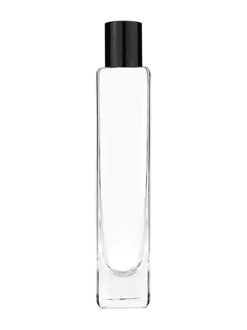 Slim design 100 ml, 3 1/2oz  clear glass bottle  with reducer and tall black shiny cap.