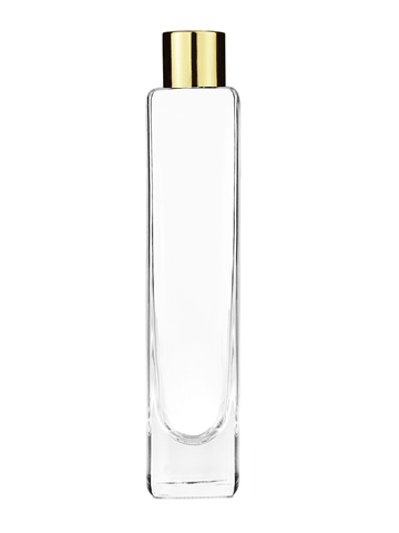 Slim design 100 ml, 3 1/2oz  clear glass bottle  with reducer and shiny gold cap.