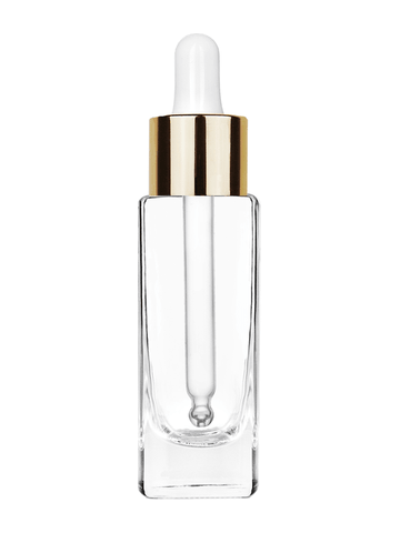 Slim design 30 ml, 1oz  clear glass bottle  with white dropper with shiny gold collar cap.