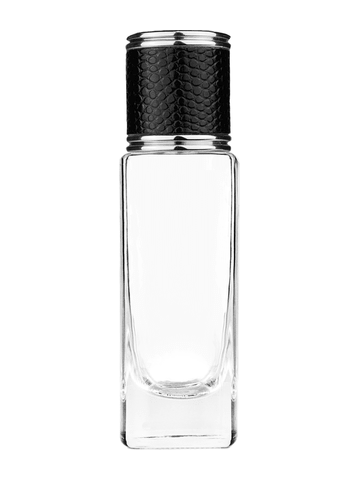 Slim design 30 ml, 1oz  clear glass bottle  with reducer and black faux leather cap.