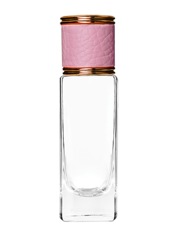 Slim design 30 ml, 1oz  clear glass bottle  with reducer and pink faux leather cap.