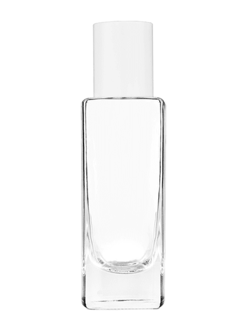 Slim design 30 ml, 1oz  clear glass bottle  with reducer and white cap.