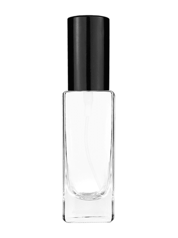 Slim design 30 ml, 1oz  clear glass bottle  with shiny black spray pump.
