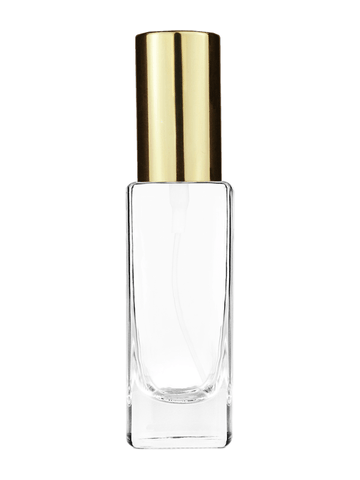 Slim design 30 ml, 1oz  clear glass bottle  with shiny gold spray pump.