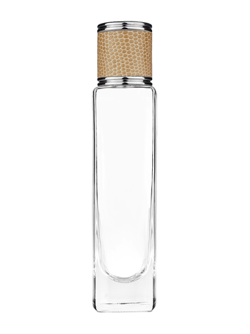 Slim design 50 ml, 1.7oz  clear glass bottle  with reducer and light brown faux leather cap.